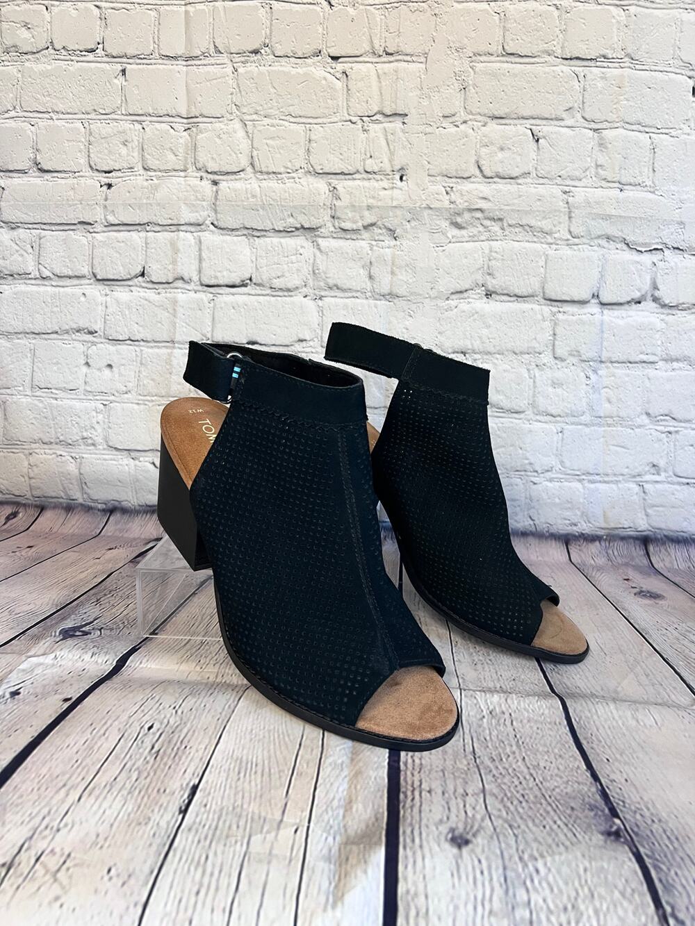 TOMS Block Heel Sandals Black Suede Comfort Size 12 US